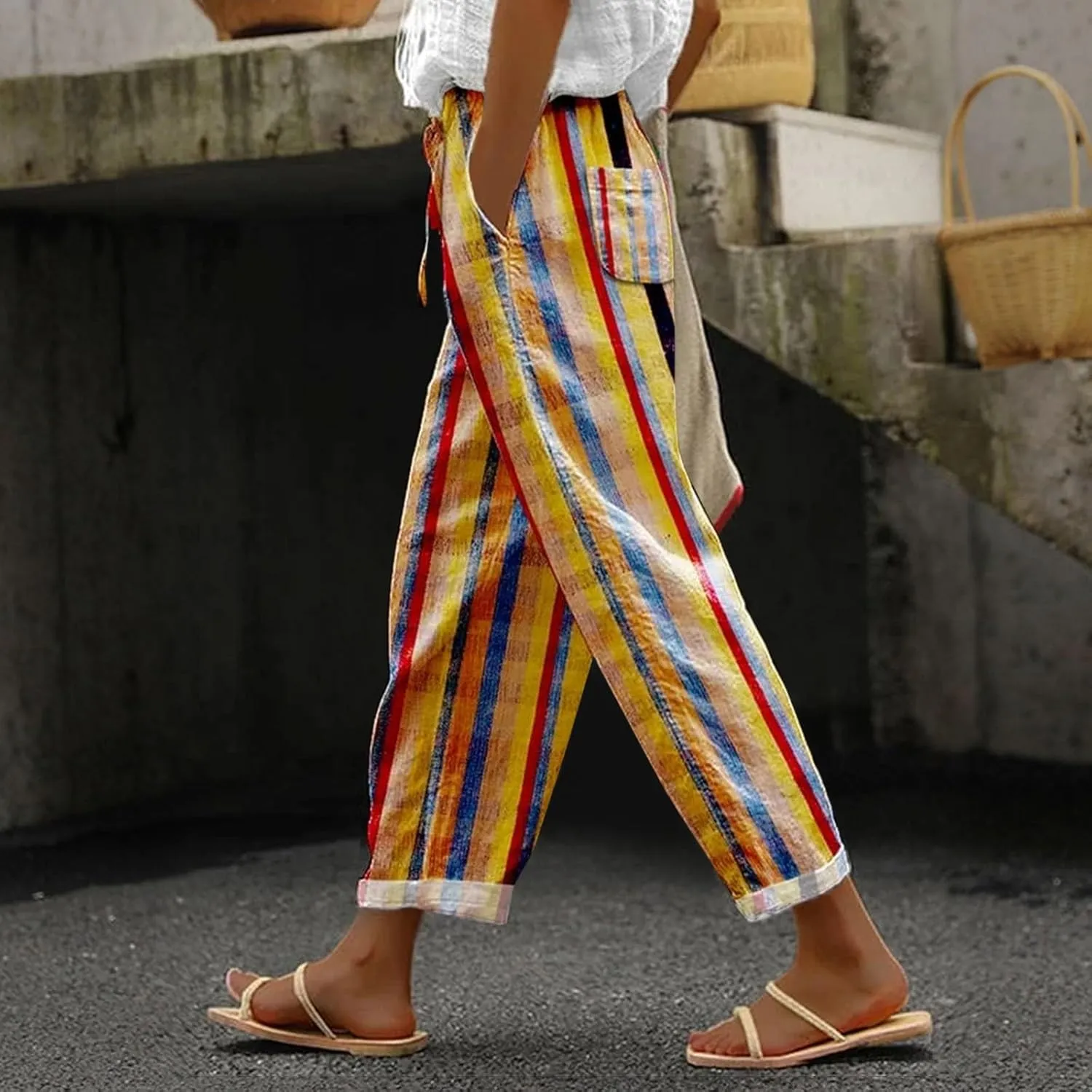 Capri Pants for Women Drawstring Capri Pants with Pockets Wide Leg Cropped Pants for Women Capri Linen Pants for