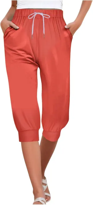 Capri Pants for Women Drawstring Cropped Jogger Running Yoga Pants Elastic Waist Summer Sweatpants with Pockets