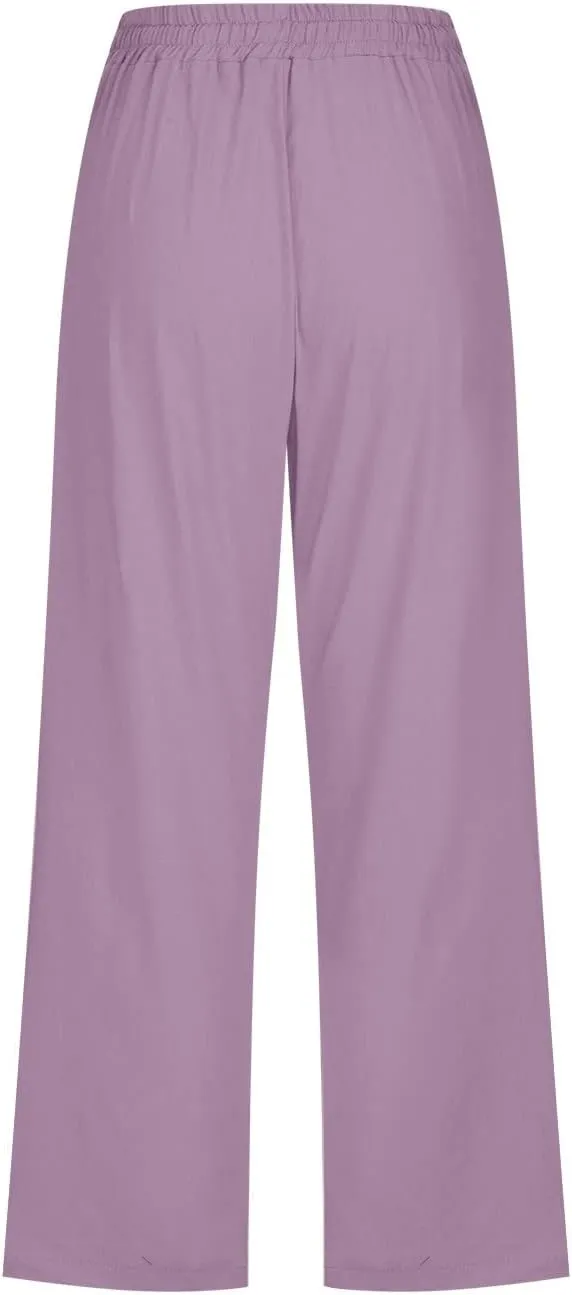 Capri Pants For Women Stretch Pull On 2024 Drawstring Elastic High Waist Linen Pants Straight Leg Cropped Trousers