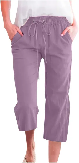 Capri Pants For Women Stretch Pull On 2024 Drawstring Elastic High Waist Linen Pants Straight Leg Cropped Trousers