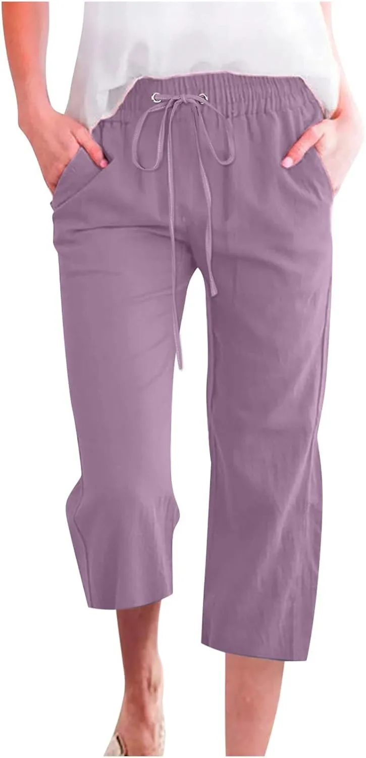 Capri Pants For Women Stretch Pull On 2024 Drawstring Elastic High Waist Linen Pants Straight Leg Cropped Trousers