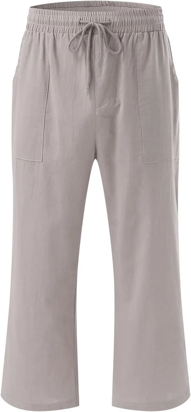 Capri Pants For Women Stretch Pull On 2024 Drawstring Elastic High Waist Linen Pants Straight Leg Cropped Trousers