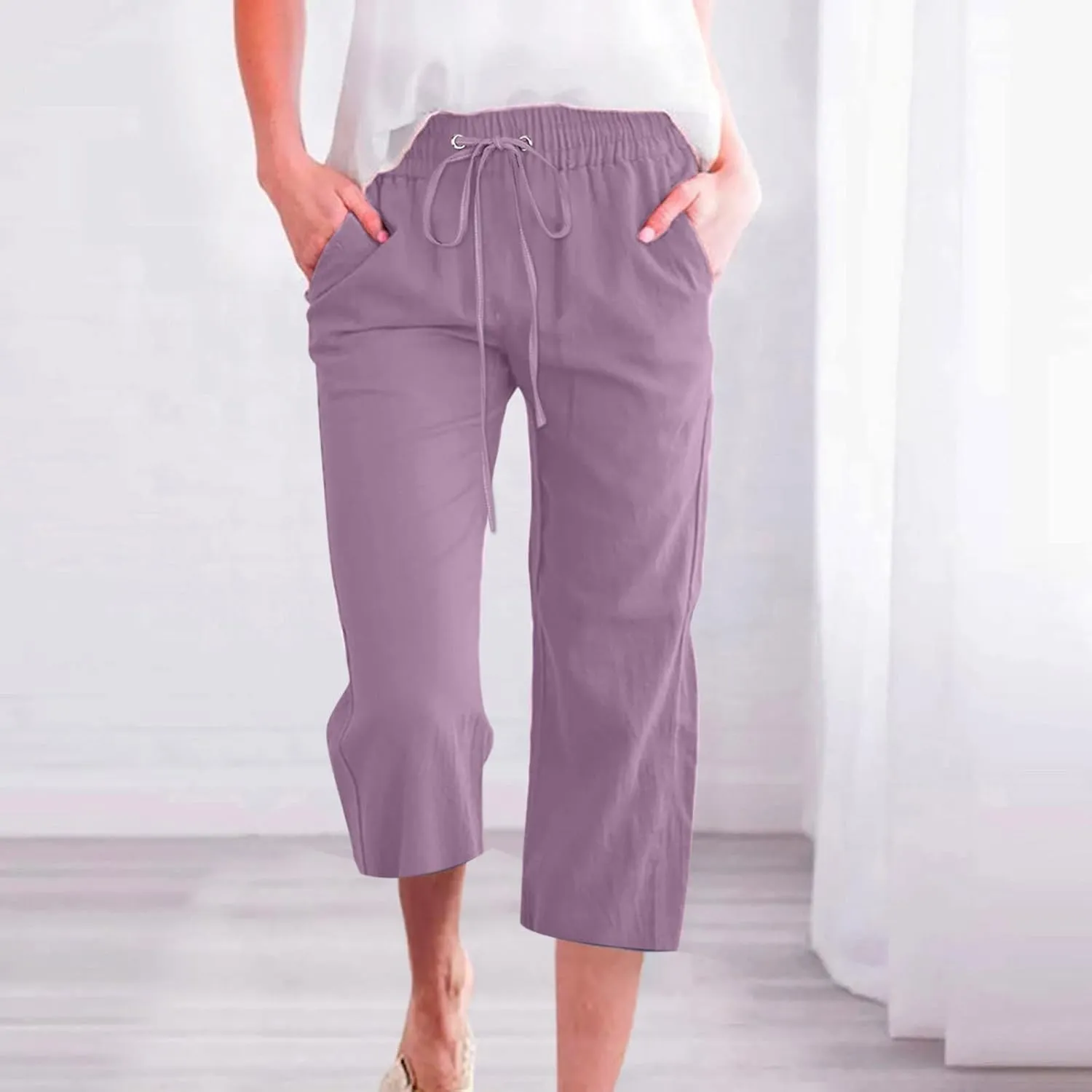 Capri Pants For Women Stretch Pull On 2024 Drawstring Elastic High Waist Linen Pants Straight Leg Cropped Trousers