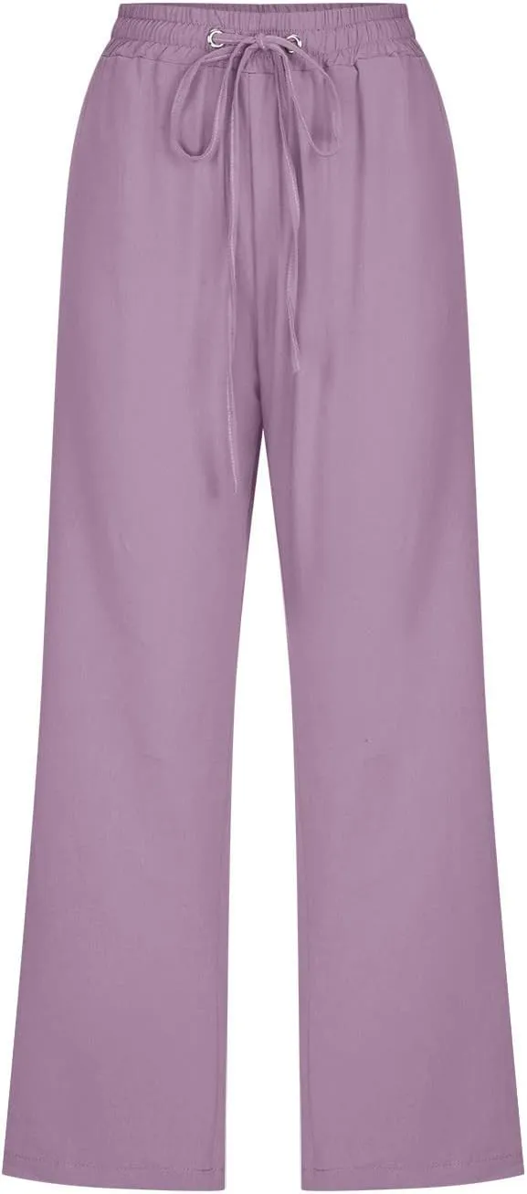 Capri Pants For Women Stretch Pull On 2024 Drawstring Elastic High Waist Linen Pants Straight Leg Cropped Trousers