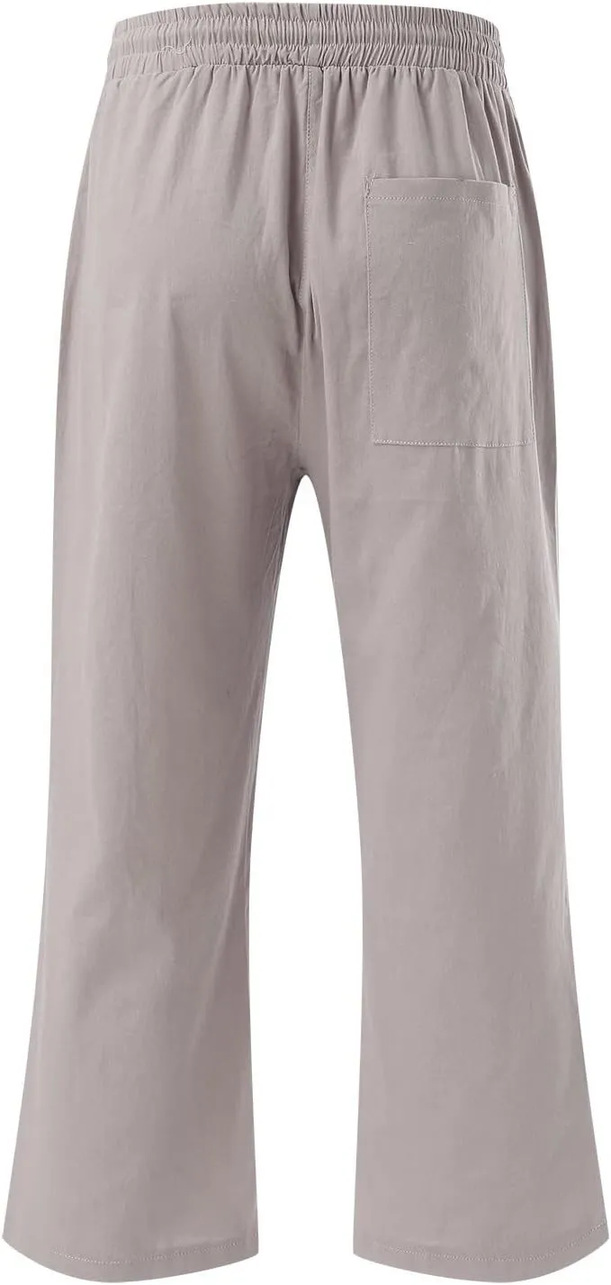 Capri Pants For Women Stretch Pull On 2024 Drawstring Elastic High Waist Linen Pants Straight Leg Cropped Trousers