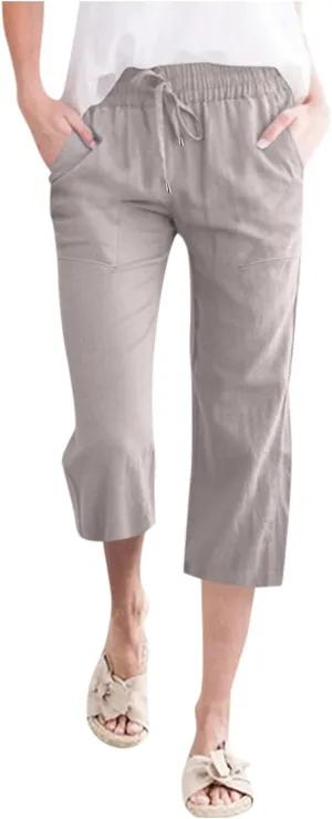 Capri Pants For Women Stretch Pull On 2024 Drawstring Elastic High Waist Linen Pants Straight Leg Cropped Trousers