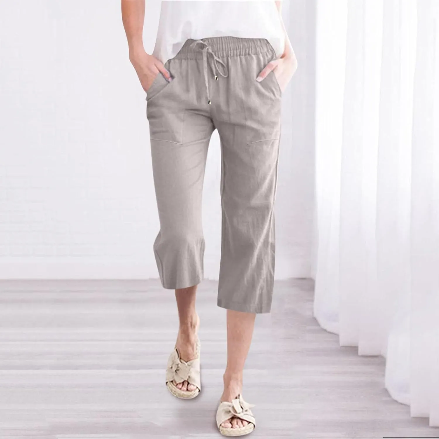 Capri Pants For Women Stretch Pull On 2024 Drawstring Elastic High Waist Linen Pants Straight Leg Cropped Trousers