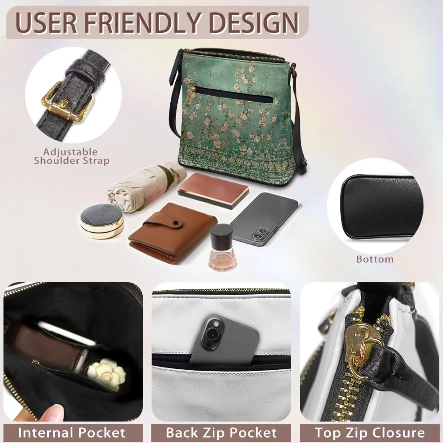Casual Crossbody Bags for Women PU Shoulder Purse Bag Lightweight Messenger Bag with Zipper for Travel Shopping