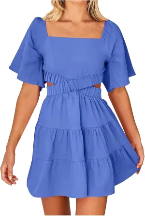 Ceboyel Women Square Neck Short Dress Cutout Tiered Summer Dresses Ruffle Casual Cute Mini Dress Vacation Outfits 2023