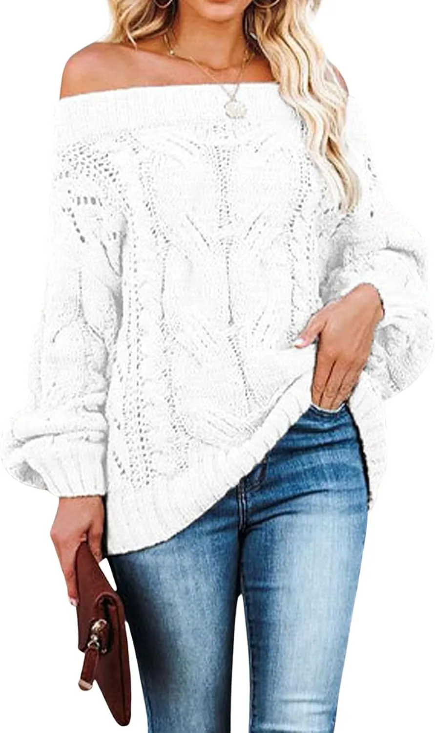 CHARTOU Women Oversized Crochet Knit Sweater Off The Shoulder Knitted Sweater Pullover Jersey Jumper Knitwear