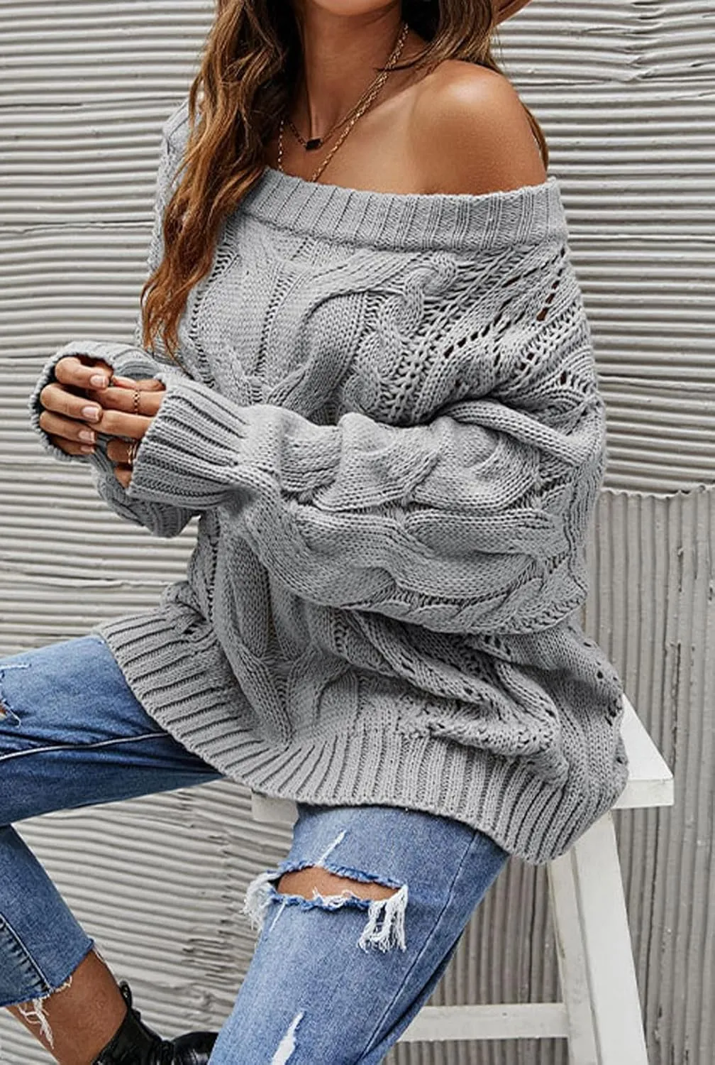 CHARTOU Women Oversized Crochet Knit Sweater Off The Shoulder Knitted Sweater Pullover Jersey Jumper Knitwear