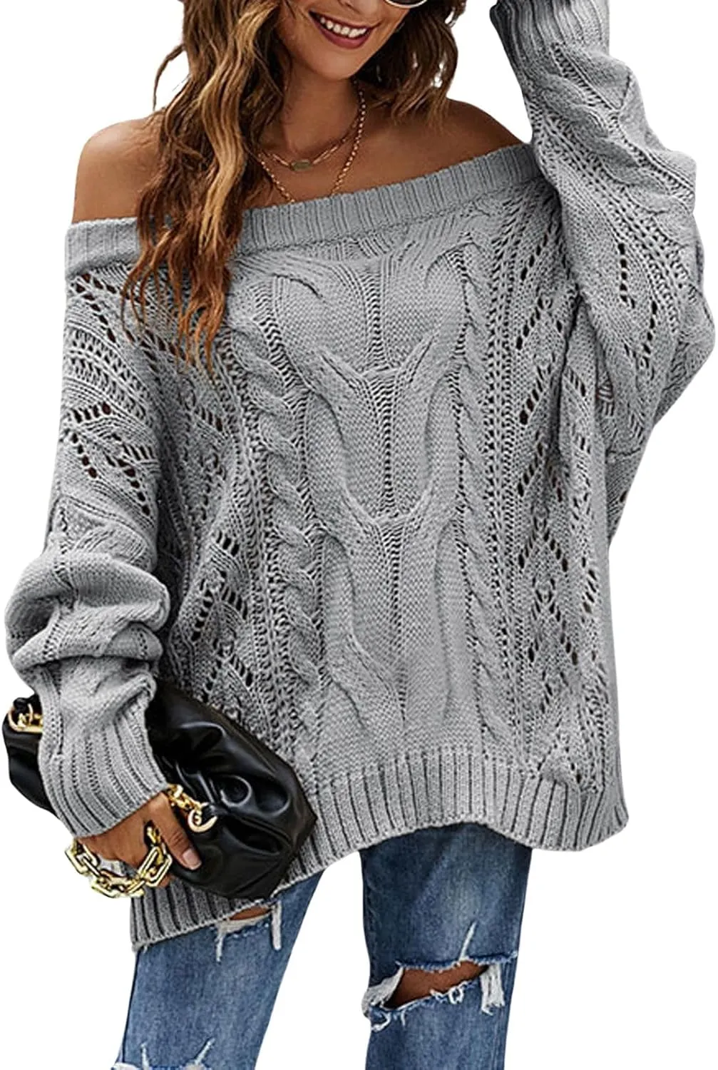 CHARTOU Women Oversized Crochet Knit Sweater Off The Shoulder Knitted Sweater Pullover Jersey Jumper Knitwear