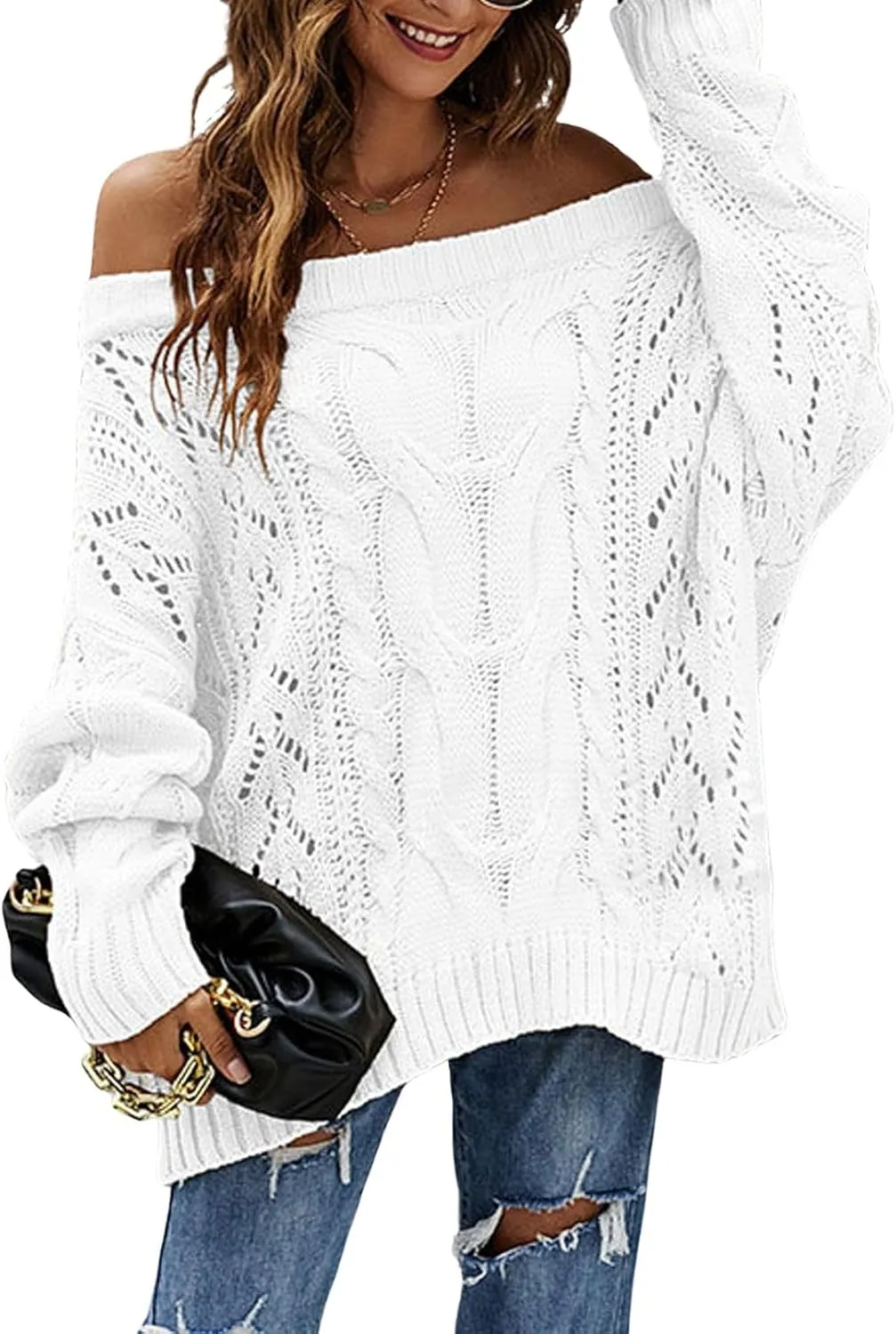 CHARTOU Women Oversized Crochet Knit Sweater Off The Shoulder Knitted Sweater Pullover Jersey Jumper Knitwear