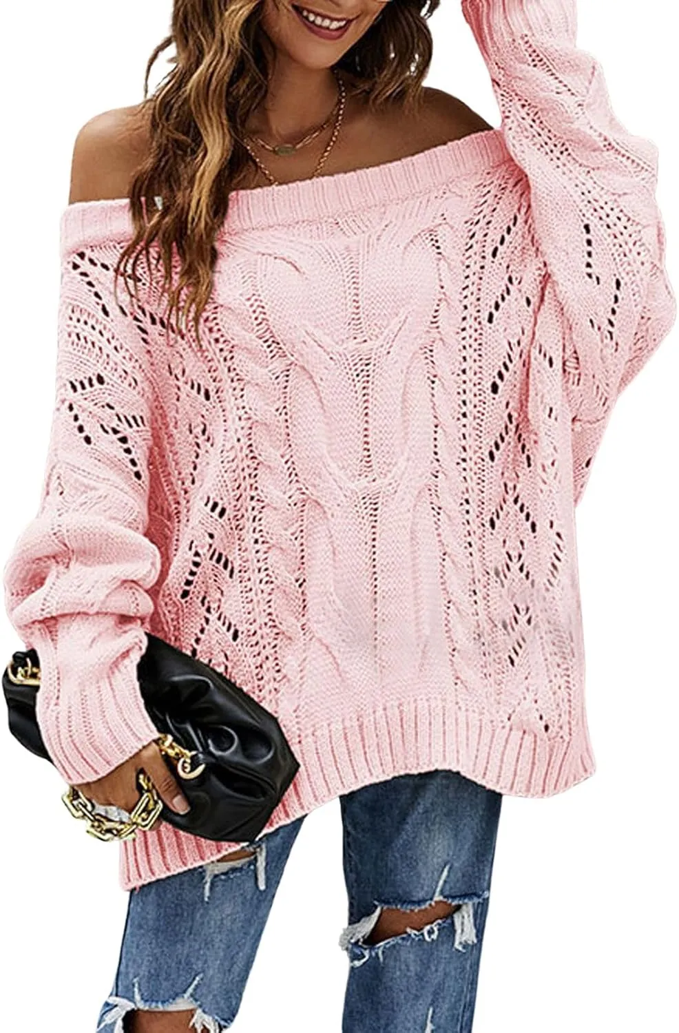 CHARTOU Women Oversized Crochet Knit Sweater Off The Shoulder Knitted Sweater Pullover Jersey Jumper Knitwear