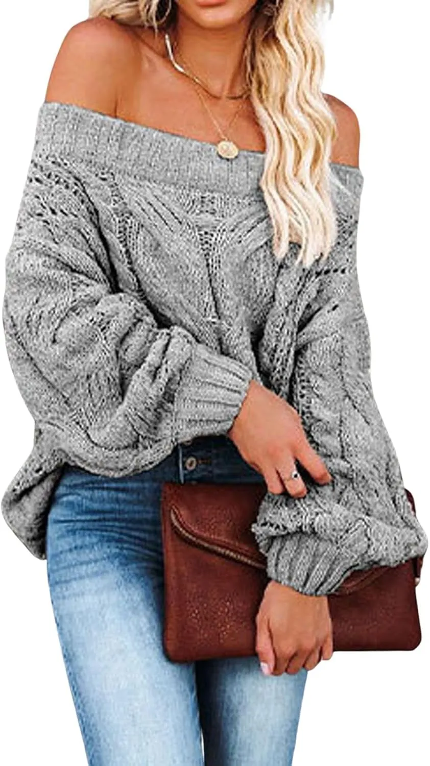 CHARTOU Women Oversized Crochet Knit Sweater Off The Shoulder Knitted Sweater Pullover Jersey Jumper Knitwear