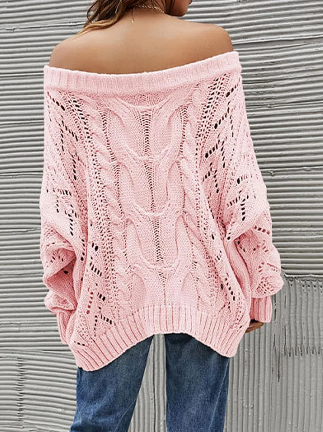 CHARTOU Women Oversized Crochet Knit Sweater Off The Shoulder Knitted Sweater Pullover Jersey Jumper Knitwear