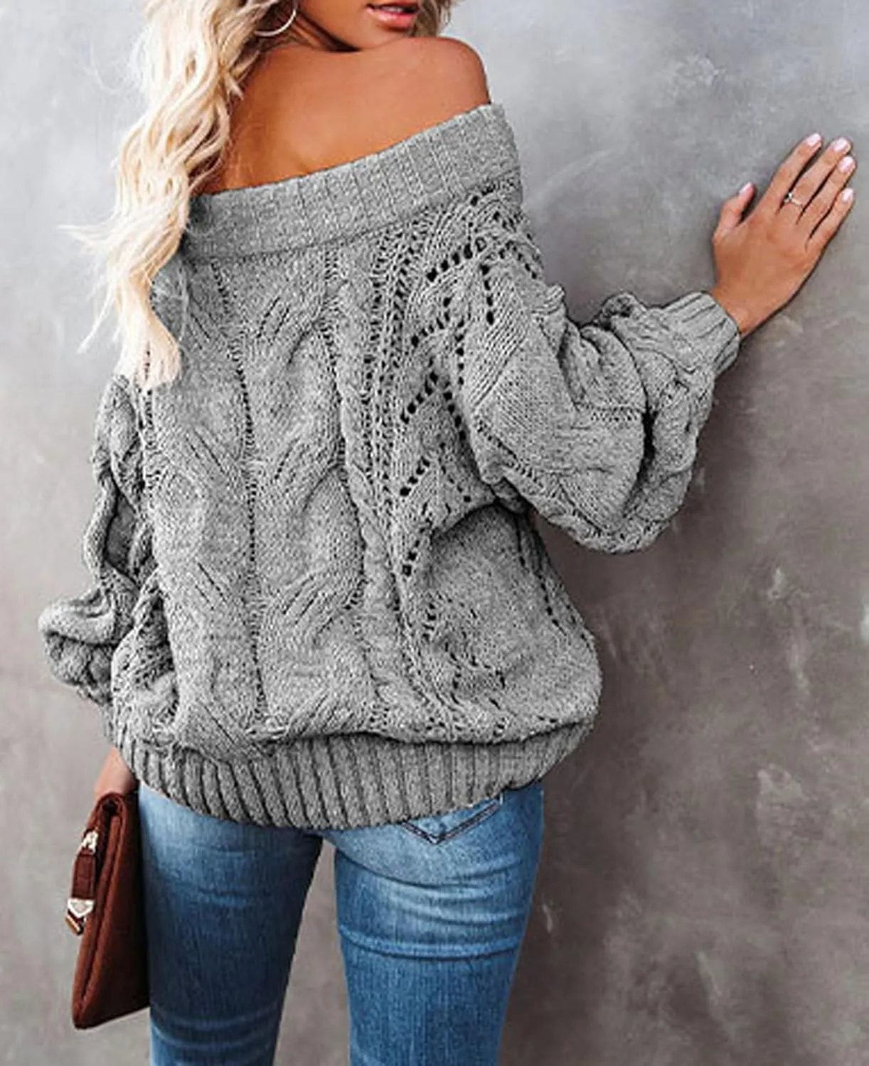 CHARTOU Women Oversized Crochet Knit Sweater Off The Shoulder Knitted Sweater Pullover Jersey Jumper Knitwear