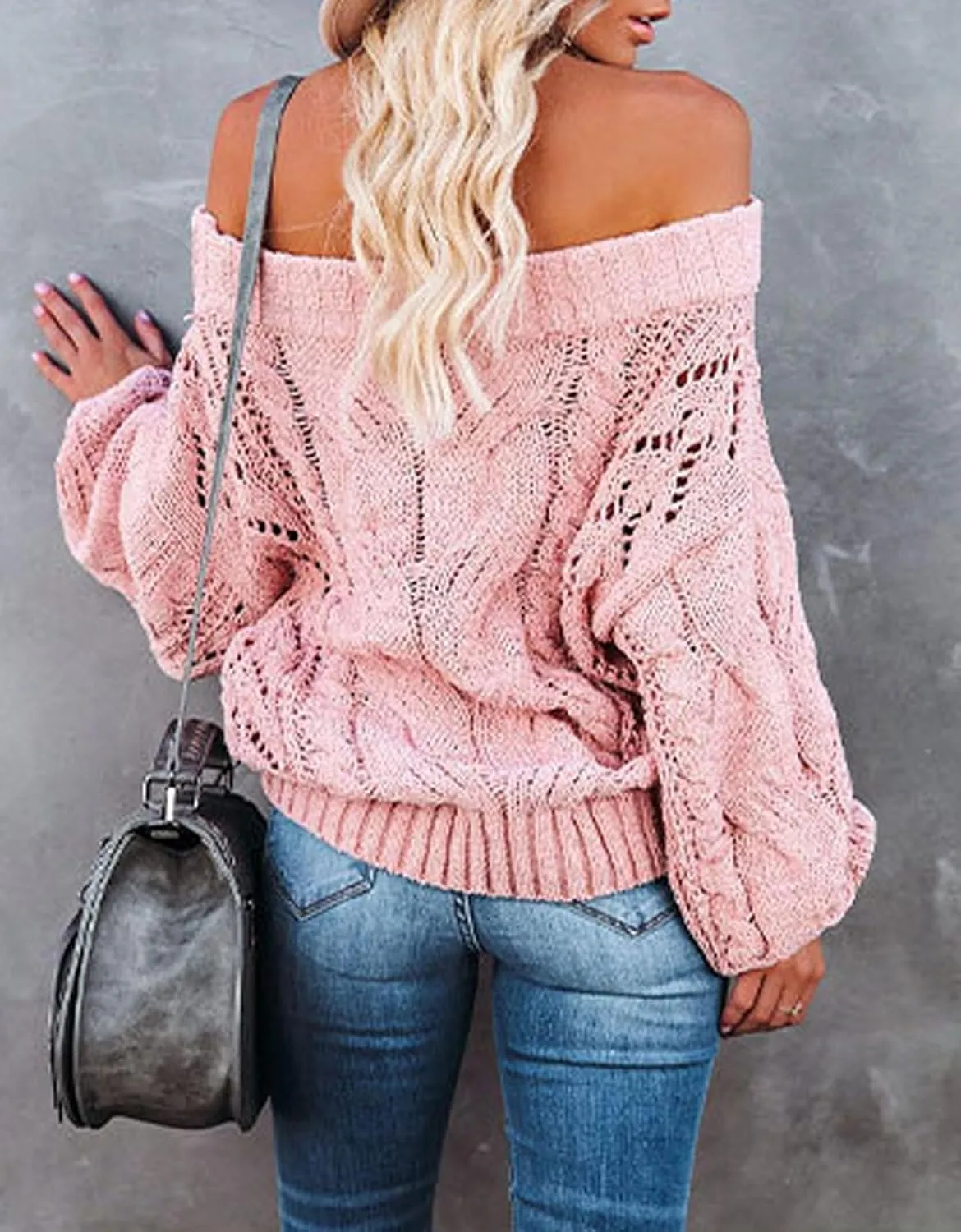 CHARTOU Women Oversized Crochet Knit Sweater Off The Shoulder Knitted Sweater Pullover Jersey Jumper Knitwear