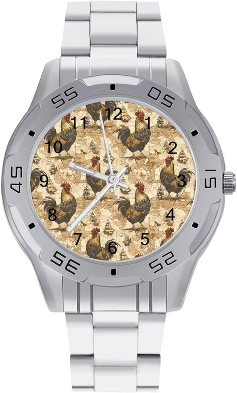 Chicken Pirate Ship Navigation Map Classic Wrist Watches for Men Casual Business Dress Watch with Stainless Steel Band Work Party