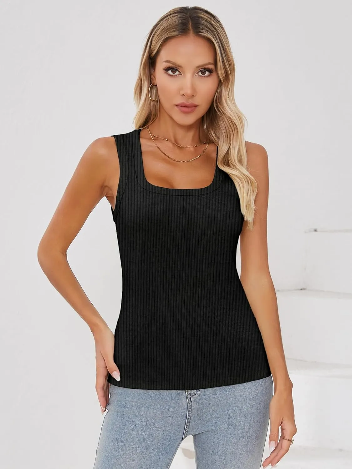 Chulianyouhuo Women Ribbed Tank Tops Square Neck Sleeveless Fitted Basic Shirts Slim Cute Summer 2025 Tops Clothes