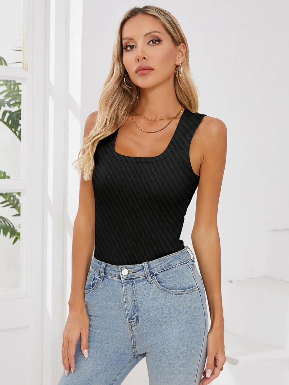 Chulianyouhuo Women Ribbed Tank Tops Square Neck Sleeveless Fitted Basic Shirts Slim Cute Summer 2025 Tops Clothes