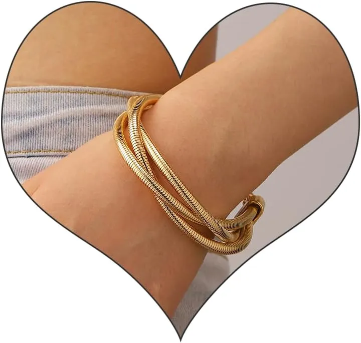 Chunky Gold Bangle Bracelets for Women, Trendy Stackable Gold Stretch Bracelet Elastic Snake Chain Bracelet Gold Statement Bracelets Jewelry