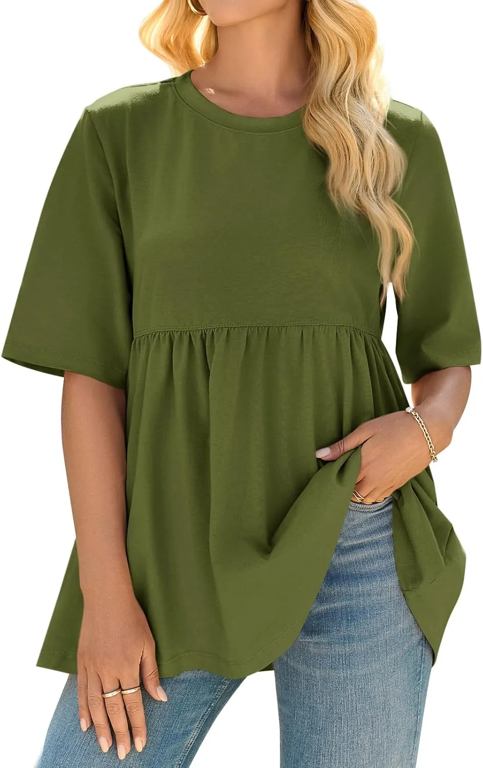 Cicy Bell Women Summer Babydoll Tops Oversized Short Sleeve Peplum Tunic T Shirt Casual Loose Fit Blouse