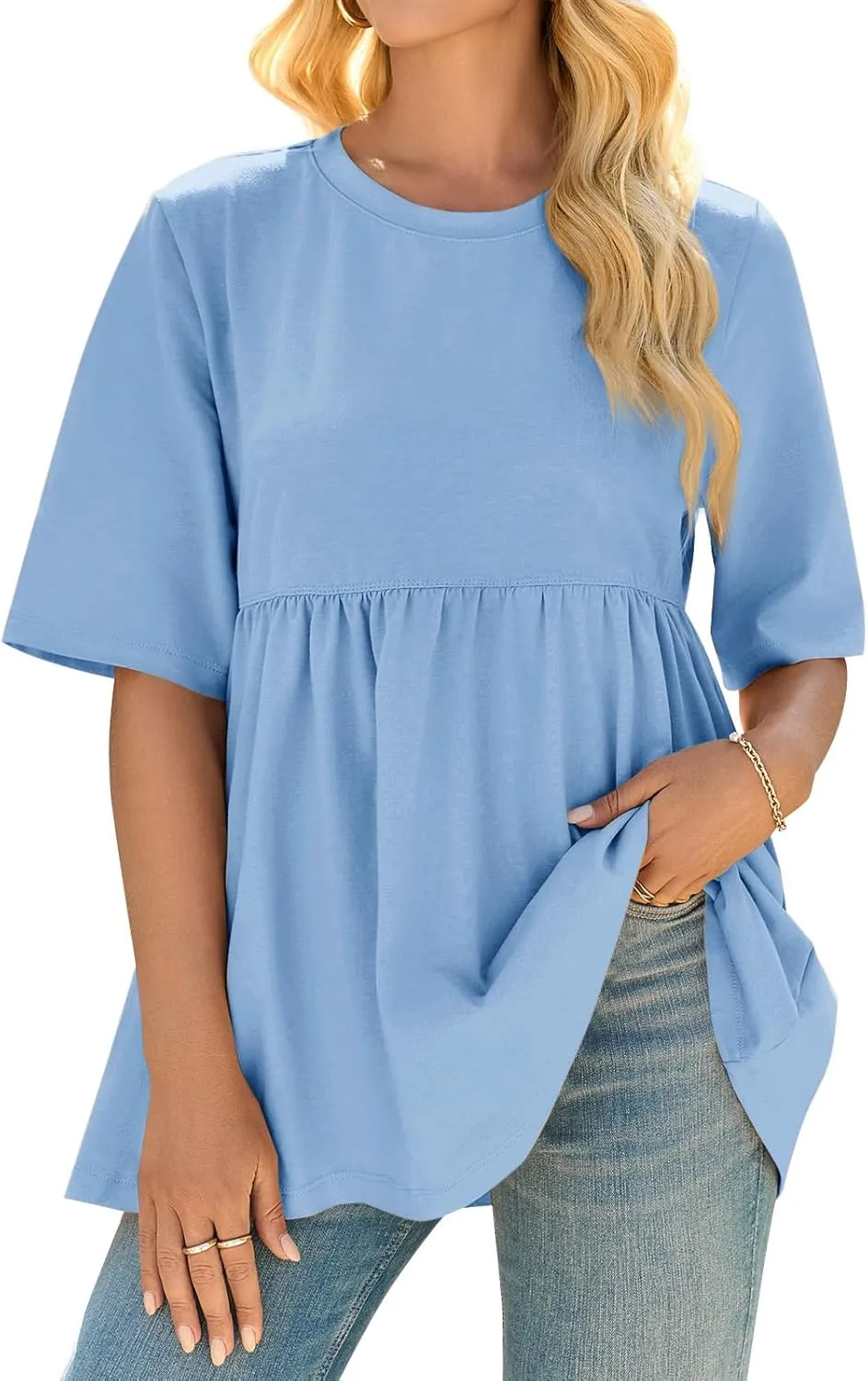 Cicy Bell Women Summer Babydoll Tops Oversized Short Sleeve Peplum Tunic T Shirt Casual Loose Fit Blouse