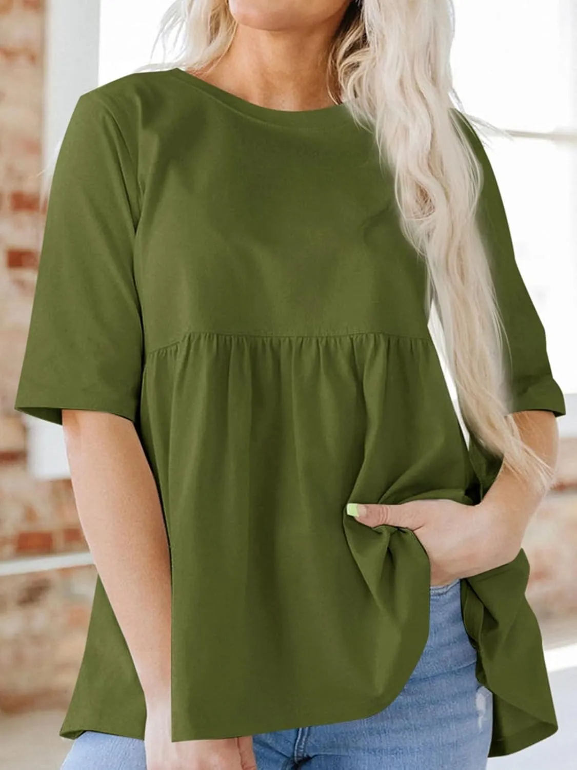 Cicy Bell Women Summer Babydoll Tops Oversized Short Sleeve Peplum Tunic T Shirt Casual Loose Fit Blouse