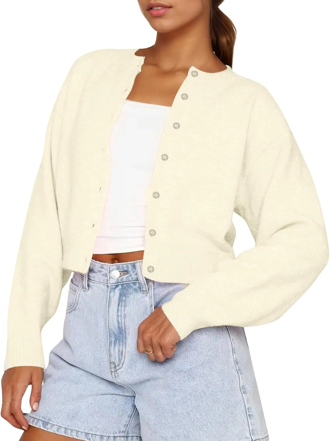 Cioatin Women Y2K Open Front Button Down Crop Sweater Cardigan Long Sleeve Lightweight Knit Pullover Fall Outfits Tops