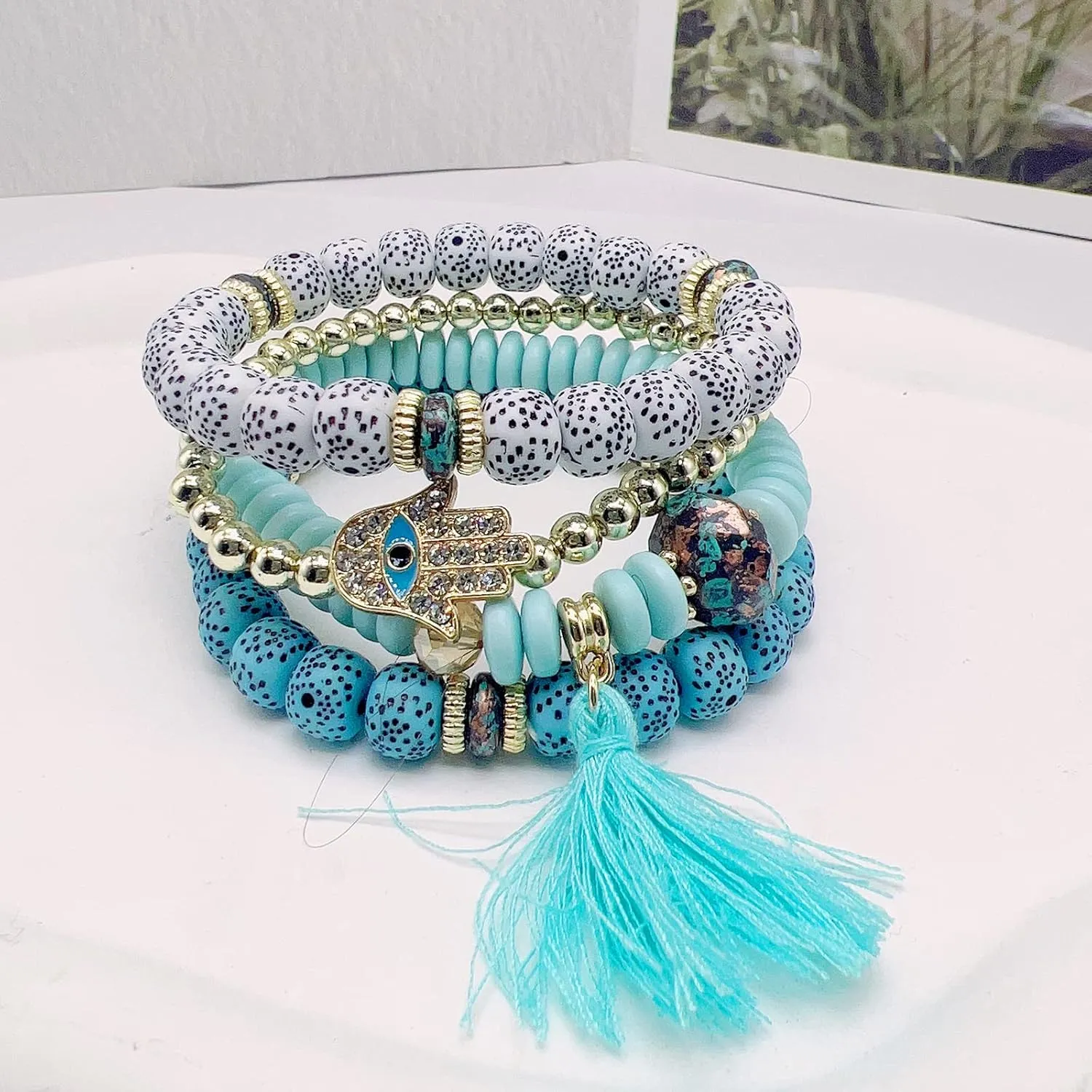 CJIAYUJEW Bohemian Stackable Bead Bracelets for Women,Multilayered Stretch Bracelet Set Multicolor Handmade Tassel Strand Bracelet