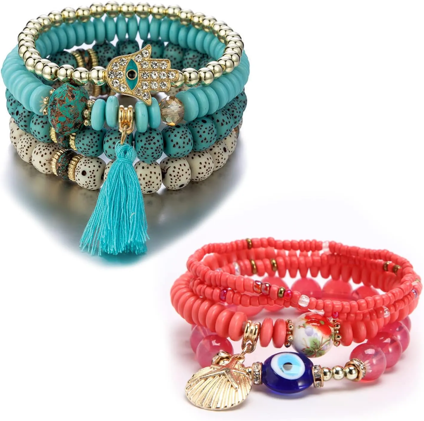 CJIAYUJEW Bohemian Stackable Bead Bracelets for Women,Multilayered Stretch Bracelet Set Multicolor Handmade Tassel Strand Bracelet