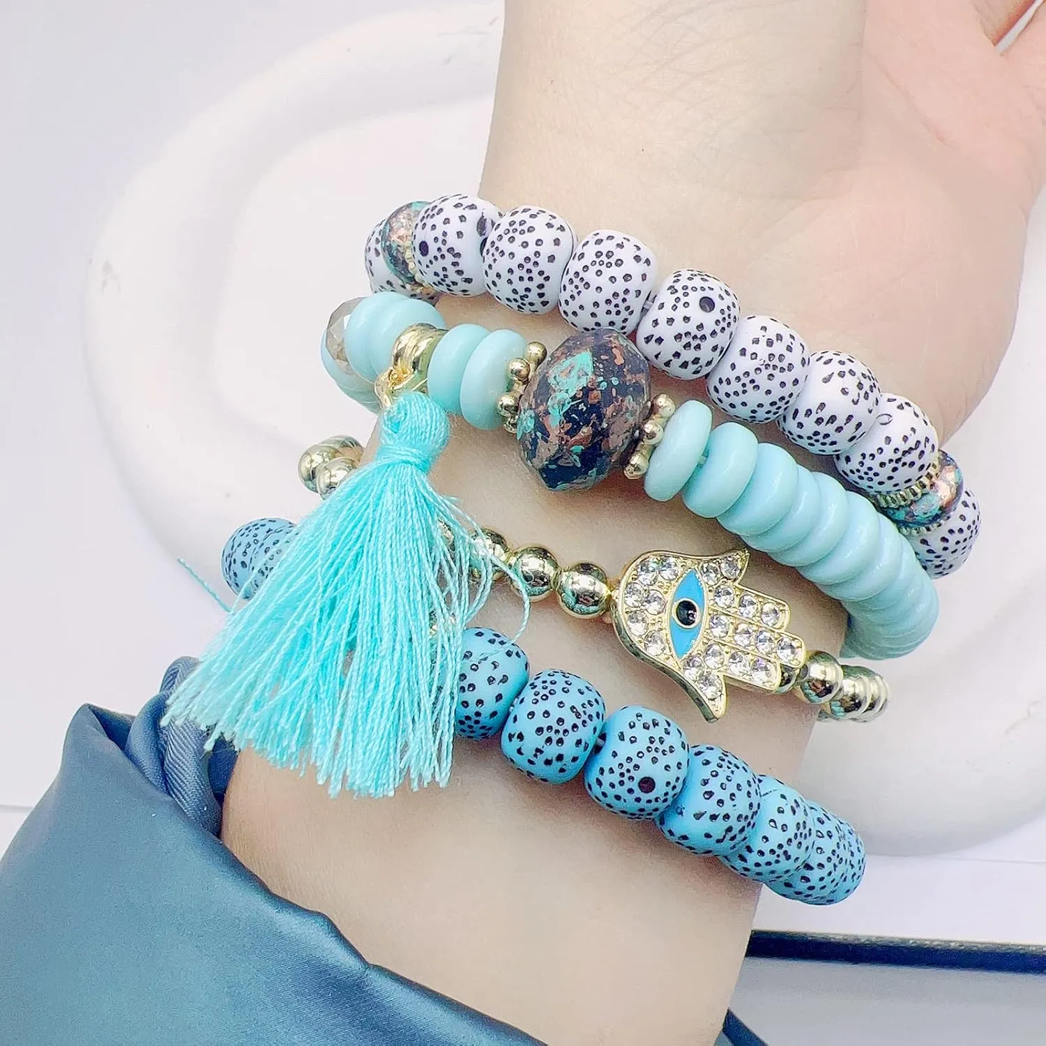 CJIAYUJEW Bohemian Stackable Bead Bracelets for Women,Multilayered Stretch Bracelet Set Multicolor Handmade Tassel Strand Bracelet