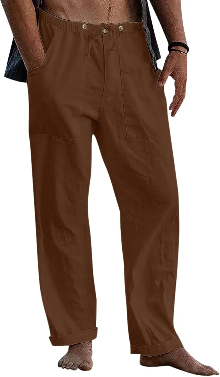 Classic Linen Pants for Men Loose Fit Wide Leg Drawstring Trousers Elastic Waist Summer Travel Beach Shorts with Pockets