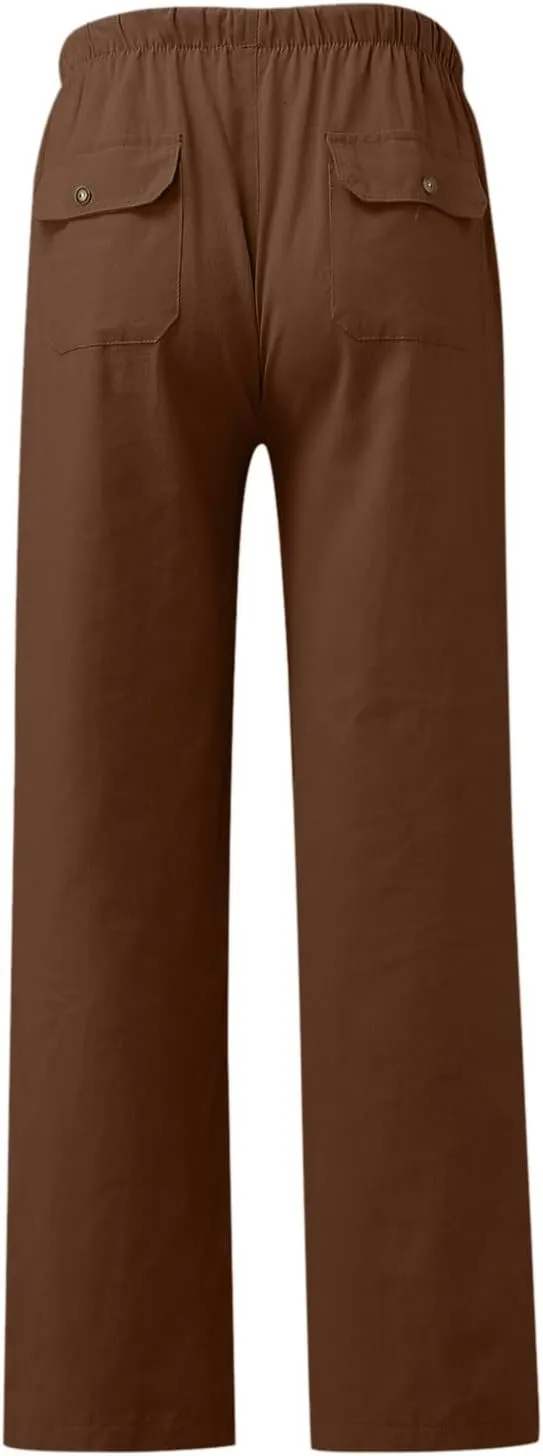 Classic Linen Pants for Men Loose Fit Wide Leg Drawstring Trousers Elastic Waist Summer Travel Beach Shorts with Pockets