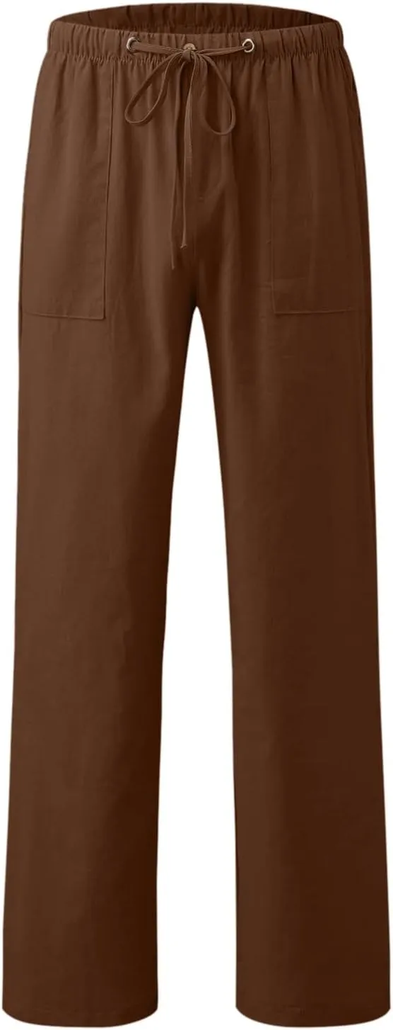 Classic Linen Pants for Men Loose Fit Wide Leg Drawstring Trousers Elastic Waist Summer Travel Beach Shorts with Pockets