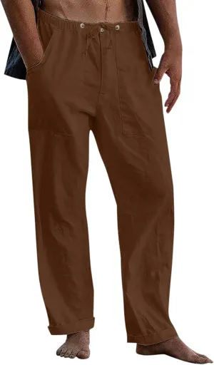 Classic Linen Pants for Men Loose Fit Wide Leg Drawstring Trousers Elastic Waist Summer Travel Beach Shorts with Pockets