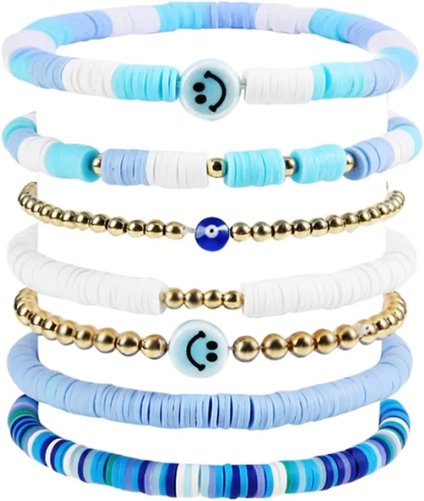 Clay Bead Bracelets for Women, Dainty Blue Cute Beads Stretch Stackable Evil Eye Star Bracelets Pack Friendship for Women Jewelry Gifts