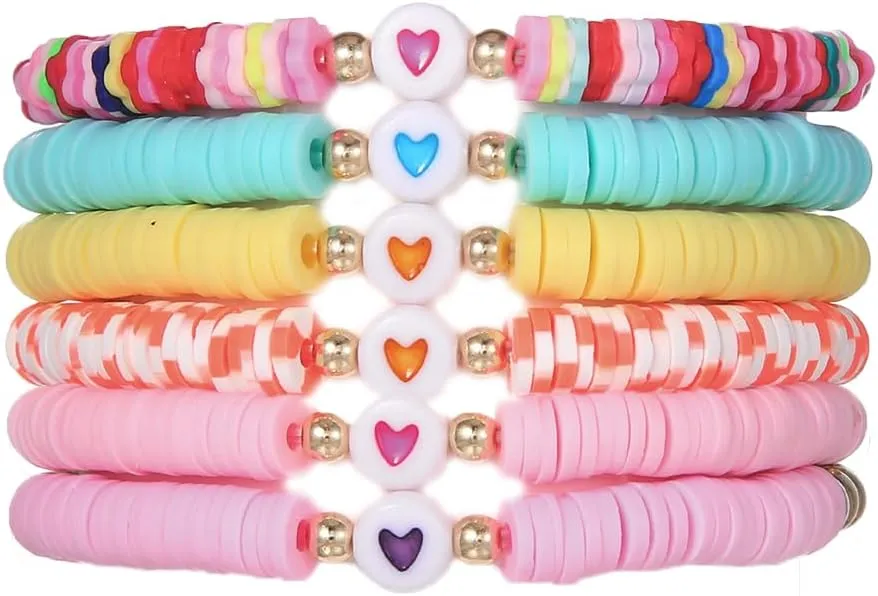 COLORFUL BLING 5-12Pcs Bohemian Love Heart Bead Bracelets for Women Vinyl Disc Heishi Surfer Stackable Stretch Bracelet Summer Beach Boho Jewelry