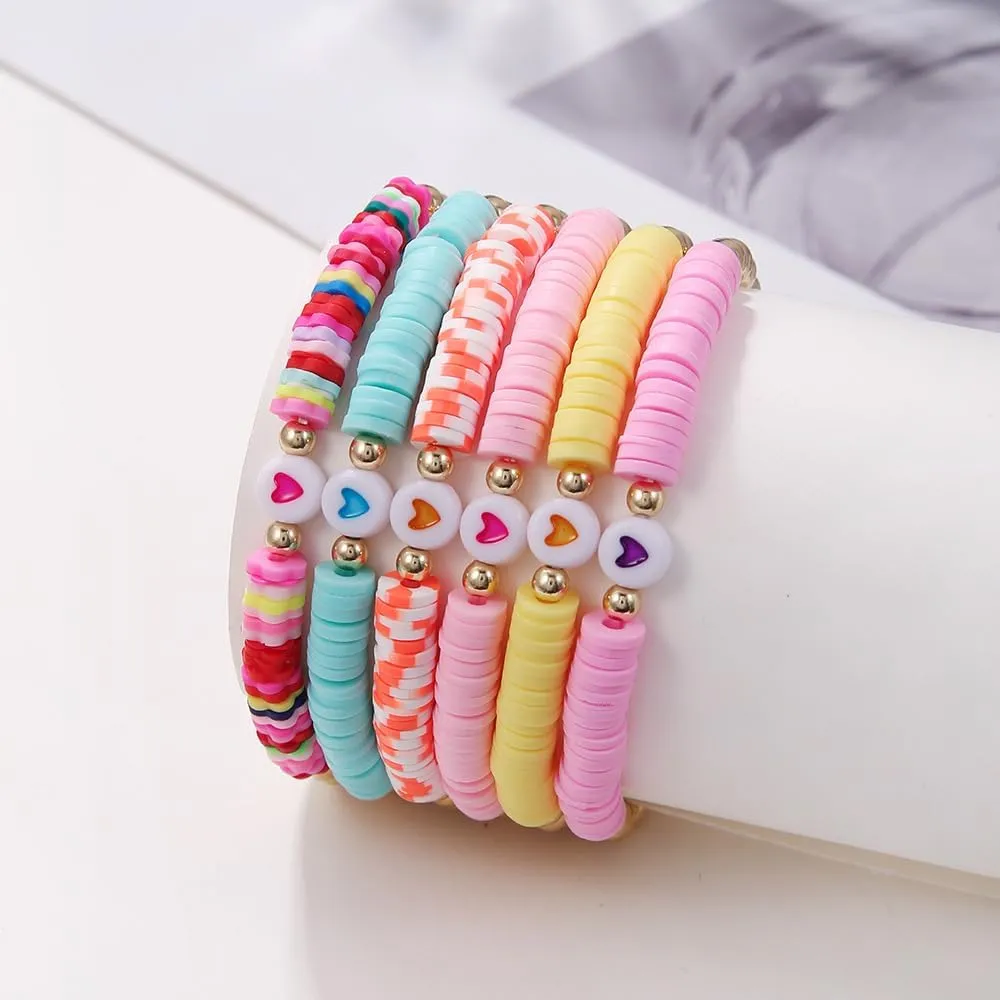 COLORFUL BLING 5-12Pcs Bohemian Love Heart Bead Bracelets for Women Vinyl Disc Heishi Surfer Stackable Stretch Bracelet Summer Beach Boho Jewelry