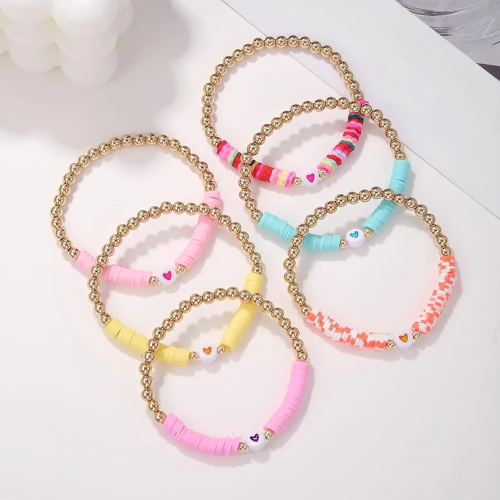 COLORFUL BLING 5-12Pcs Bohemian Love Heart Bead Bracelets for Women Vinyl Disc Heishi Surfer Stackable Stretch Bracelet Summer Beach Boho Jewelry