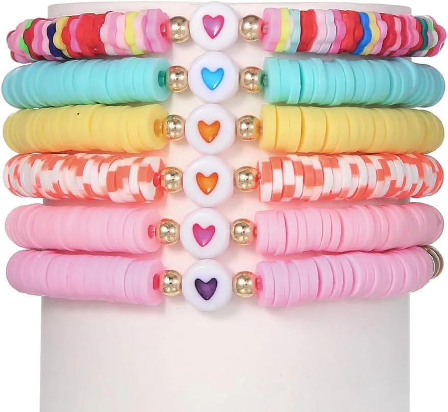 COLORFUL BLING 5-12Pcs Bohemian Love Heart Bead Bracelets for Women Vinyl Disc Heishi Surfer Stackable Stretch Bracelet Summer Beach Boho Jewelry