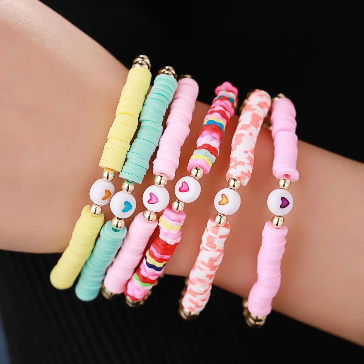 COLORFUL BLING 5-12Pcs Bohemian Love Heart Bead Bracelets for Women Vinyl Disc Heishi Surfer Stackable Stretch Bracelet Summer Beach Boho Jewelry