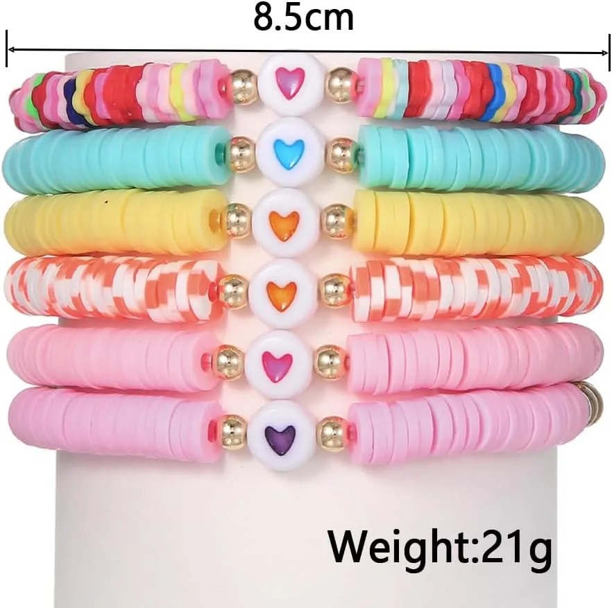 COLORFUL BLING 5-12Pcs Bohemian Love Heart Bead Bracelets for Women Vinyl Disc Heishi Surfer Stackable Stretch Bracelet Summer Beach Boho Jewelry