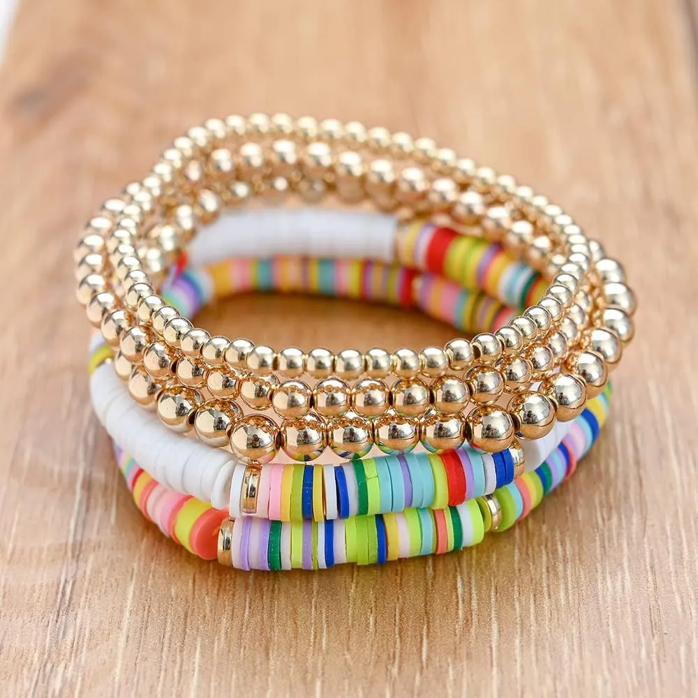 COLORFUL BLING 5Pcs/Pack Bohemia Surfer Gold Beaded Stackable Bracelet Rainbow Vinyl Disc Beaded Stretch Bracelets Friendship Boho Summer Beach Jewelry