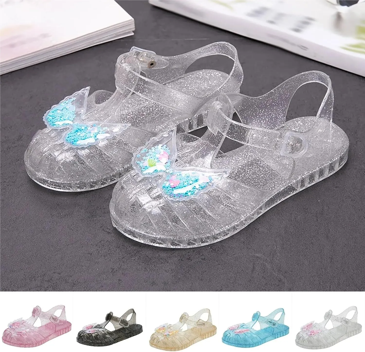 Comfort Crystal Jelly Sandal Flashing Butterfly Sandals Summer Shoes Girls Jelly Sandals(White,3-3.5 Years)