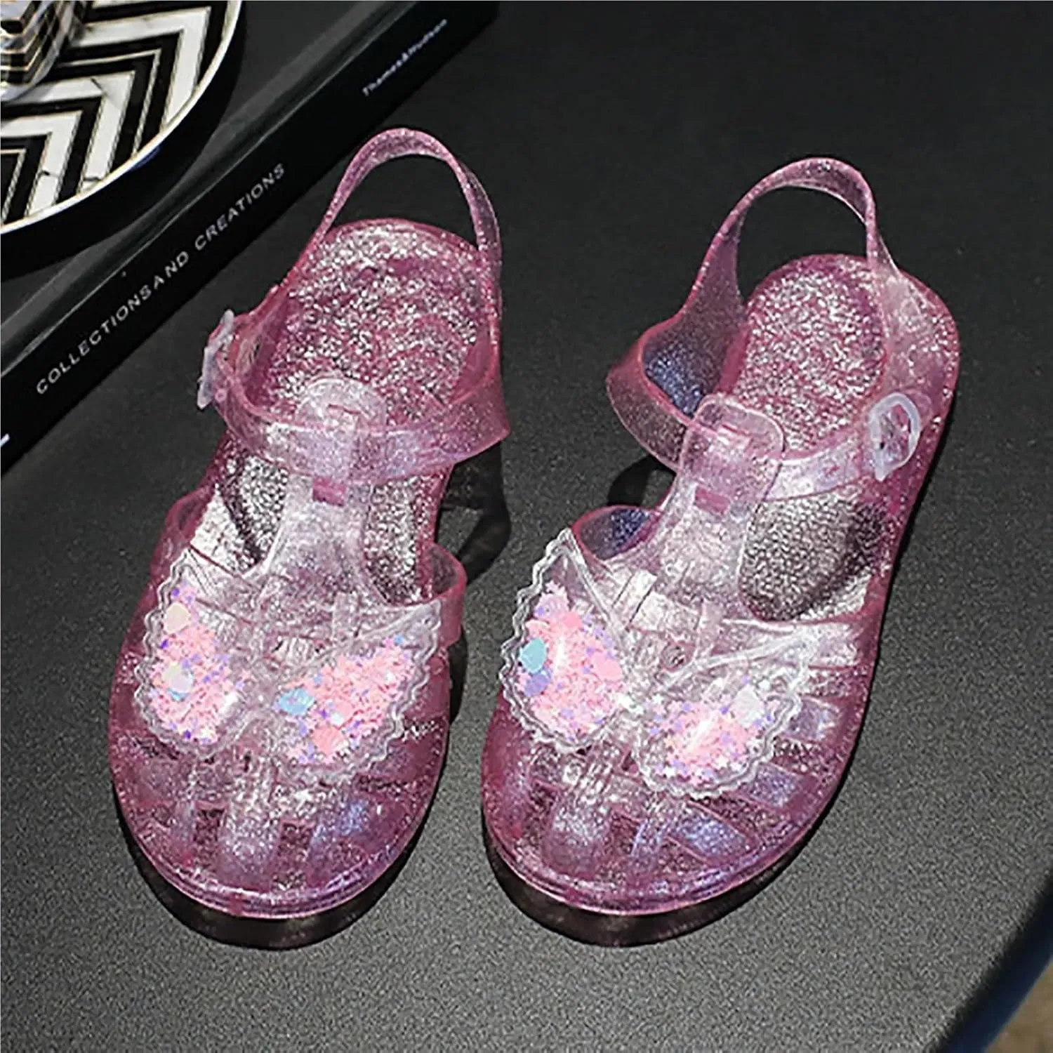 Comfort Crystal Jelly Sandal Flashing Butterfly Sandals Summer Shoes Girls Jelly Sandals(White,3-3.5 Years)