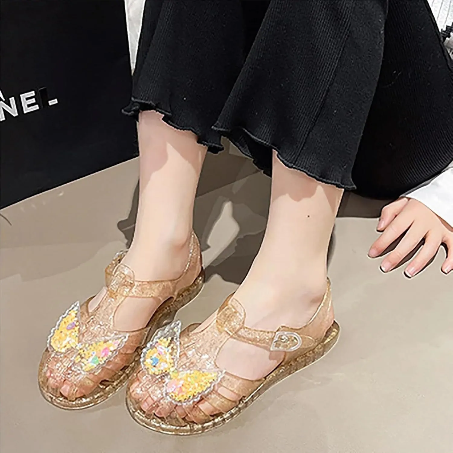 Comfort Crystal Jelly Sandal Flashing Butterfly Sandals Summer Shoes Girls Jelly Sandals(White,3-3.5 Years)