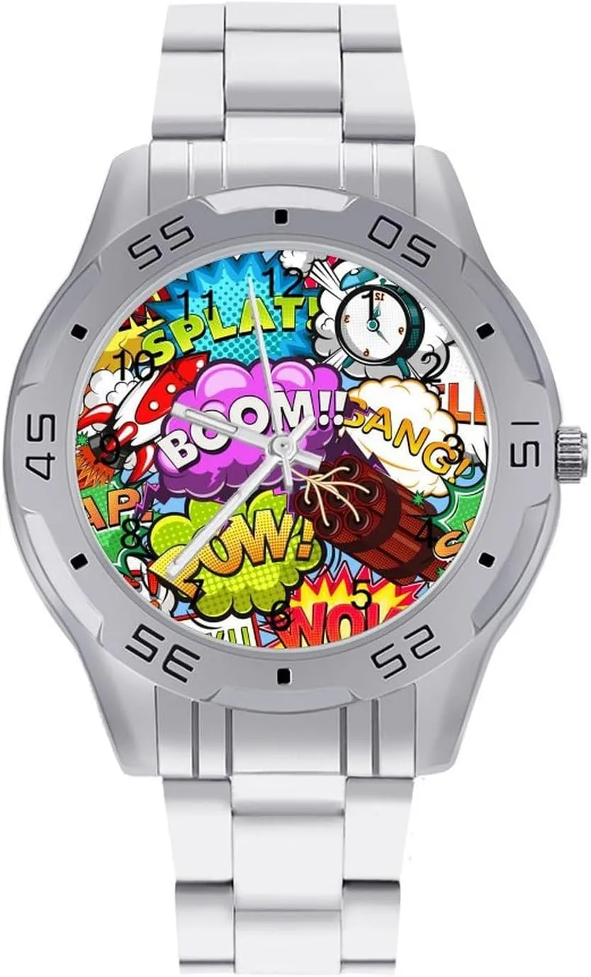 Comic Style Cute Classic Wrist Watches for Men Casual Business Dress Watch with Stainless Steel Band Work Party