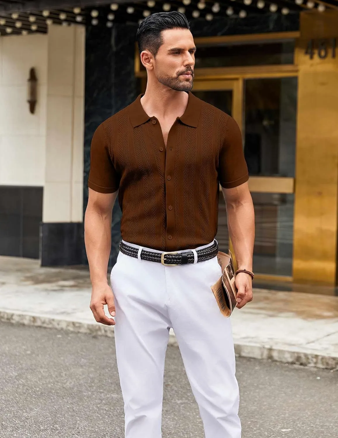 COOFANDY Mens Knit Button Down Shirts Short Sleeve Vintage Polo Shirt Casual Vacation Beach Shirts